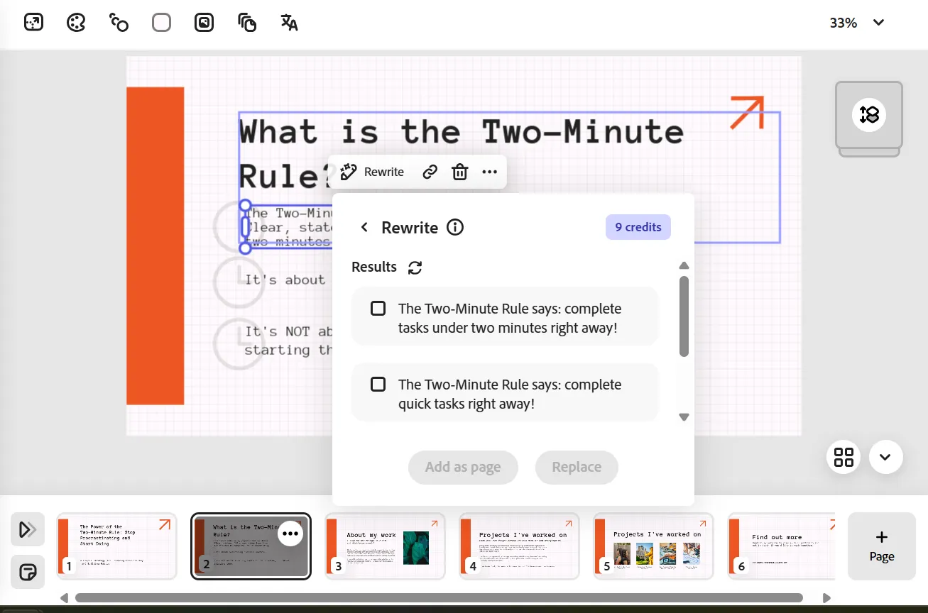 Use AI to rewrite text in Adobe Express 