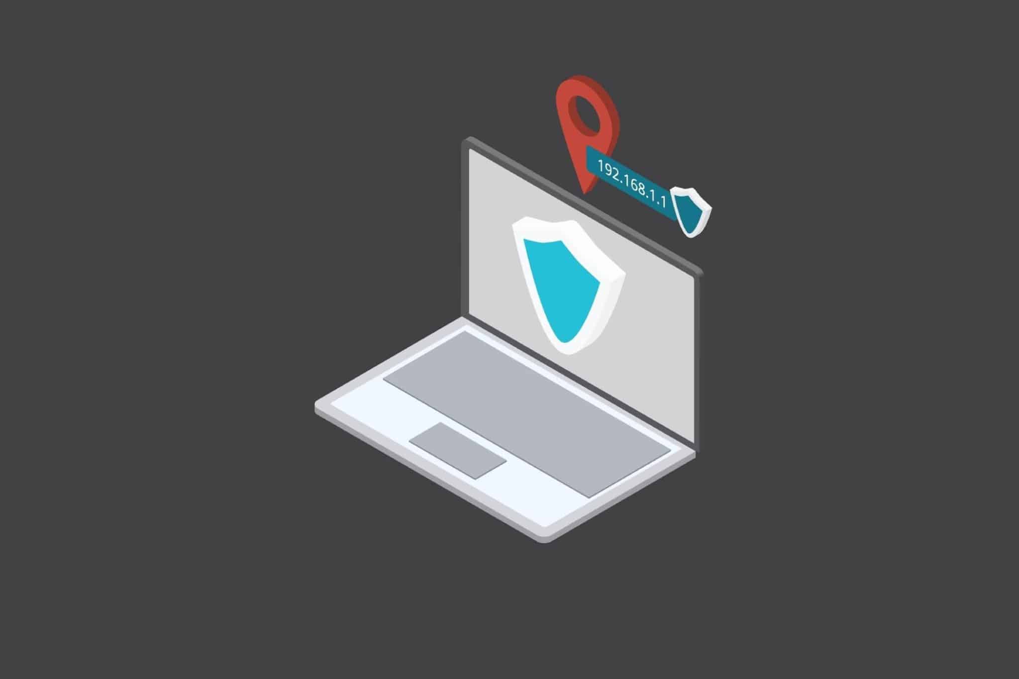 جهاز كمبيوتر محمول مع عنوان IP وموقع وأيقونات درع تطفو فوقه