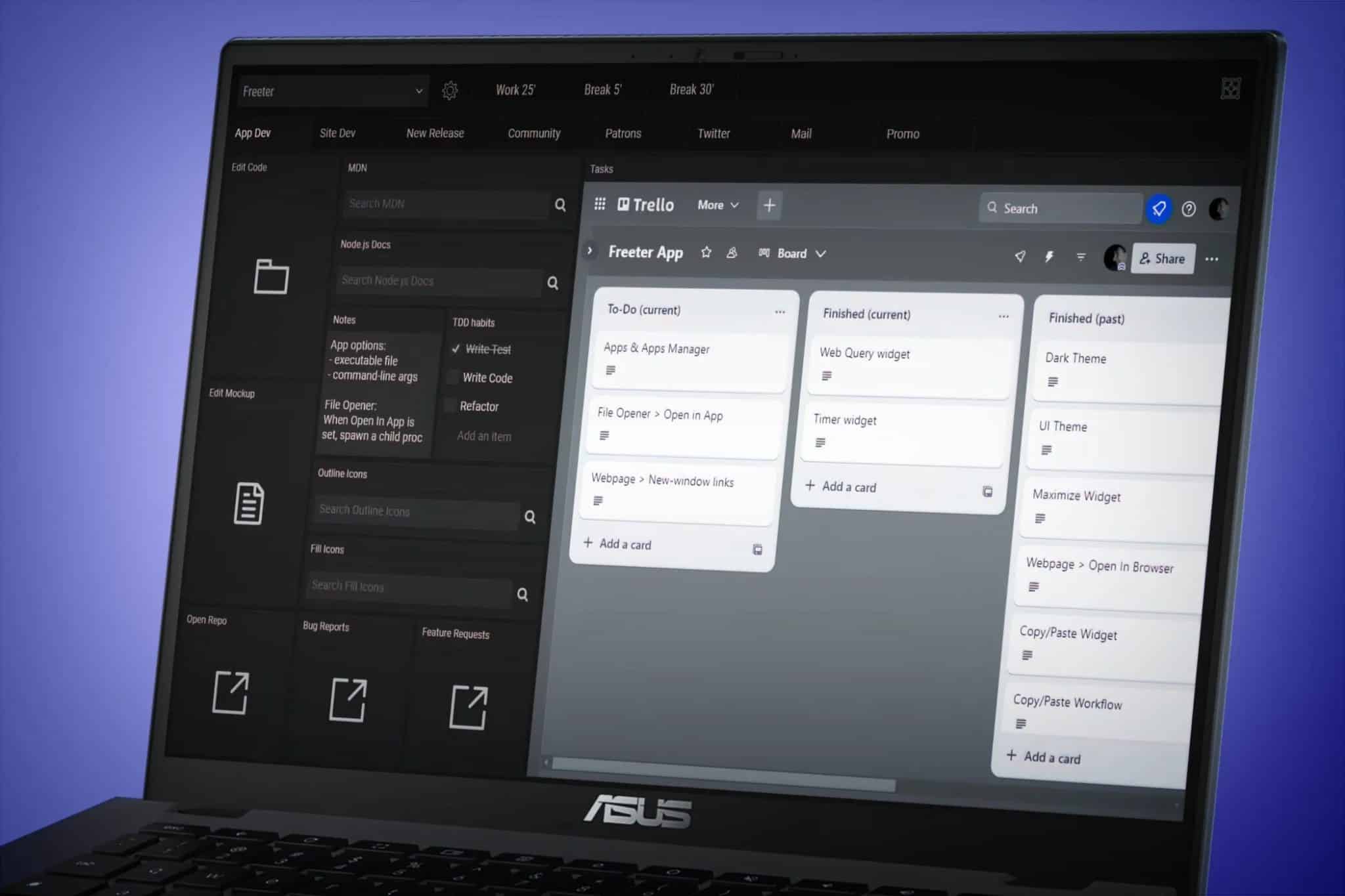 شاشة حاسوب ASUS تعرض لوحة لإدارة المهام والإنتاجية، مع التركيز على تنظيم المشاريع وتخطيط سير العمل.