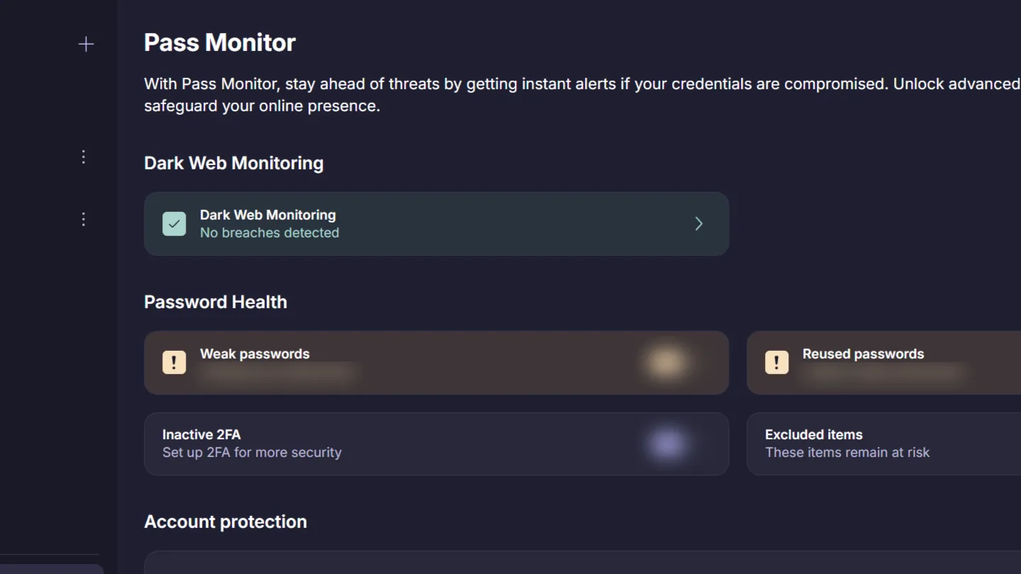 شاشة Proton Pass Dar Web Monitor توضح عدم وجود بيانات مخترقة
