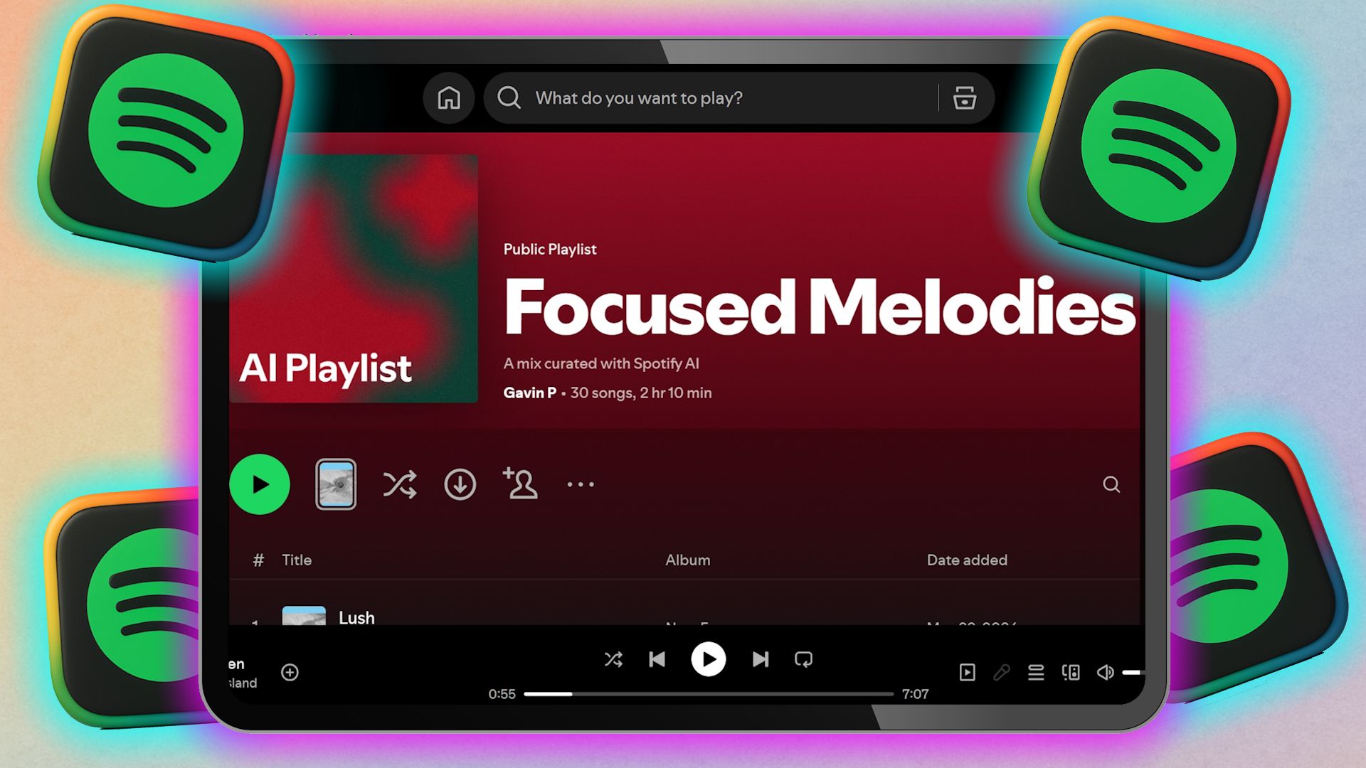قائمة تشغيل Spotify بالذكاء الاصطناعي على شاشة جهاز لوحي مع شعارات Spotify.