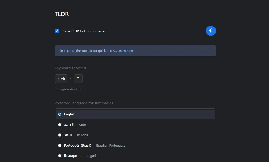 Nastavení prodloužení TLDR Chrome -Page