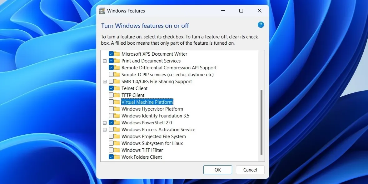 خيار منصة الجهاز الظاهري في ميزات Windows