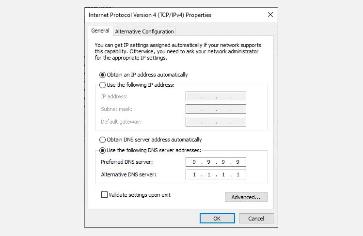 Nastavení DNS jsou určena pro Windows 10.
