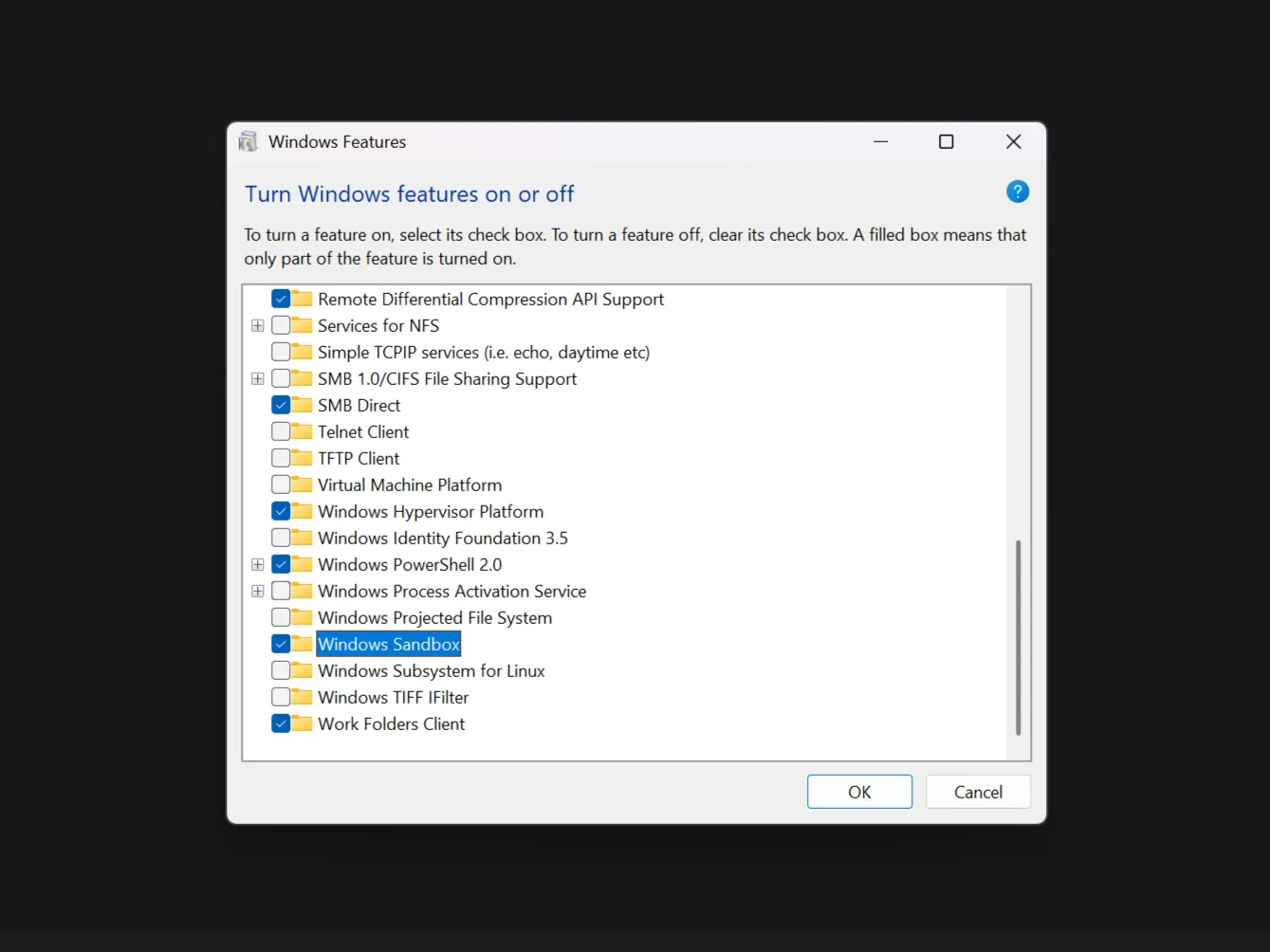 Windows Sandbox highlighted as enabled in Windows features.