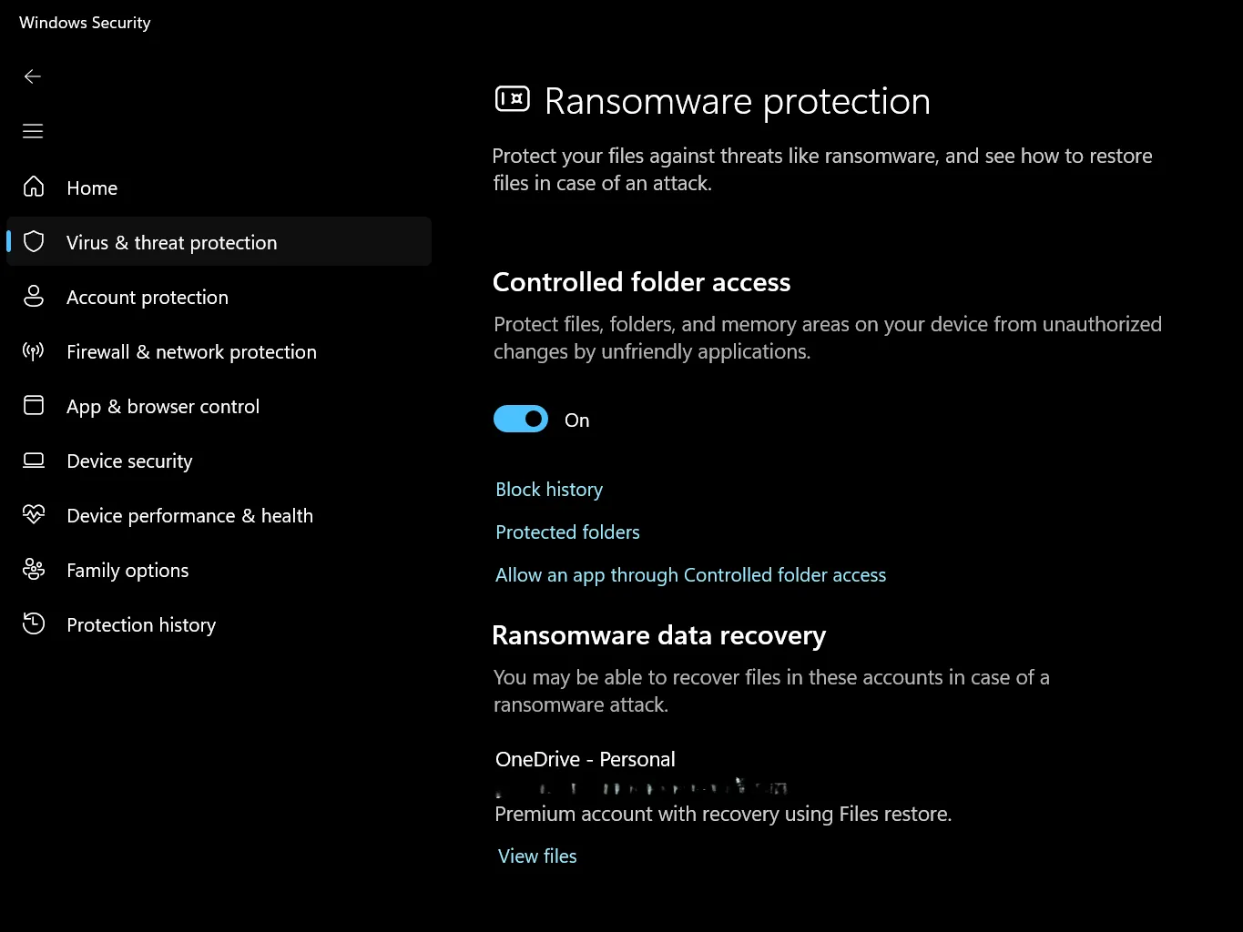 Windows security showing controlled folder access as enabled for ransomware protection.