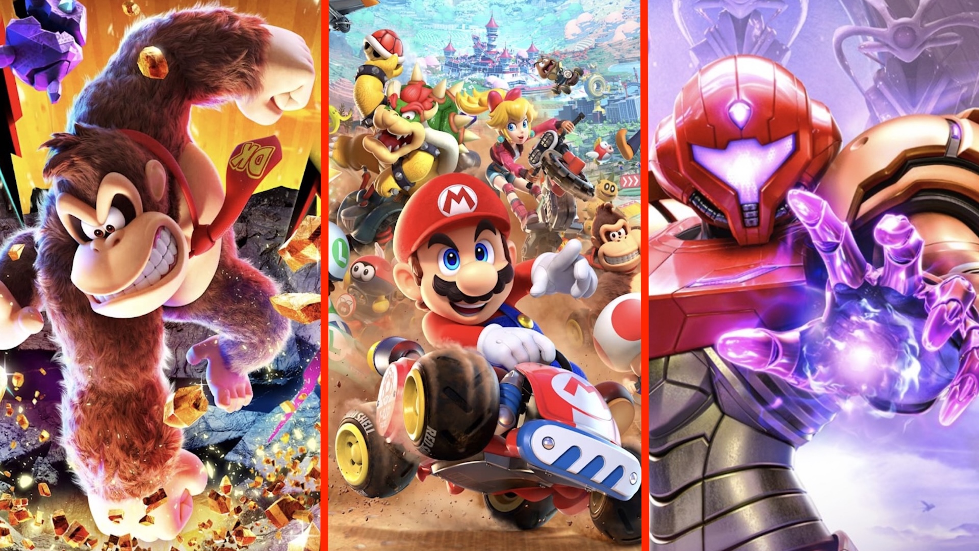 صورة مجمعة لشخصيات Donkey Kong و Mario Kart و Metroid Prime 4