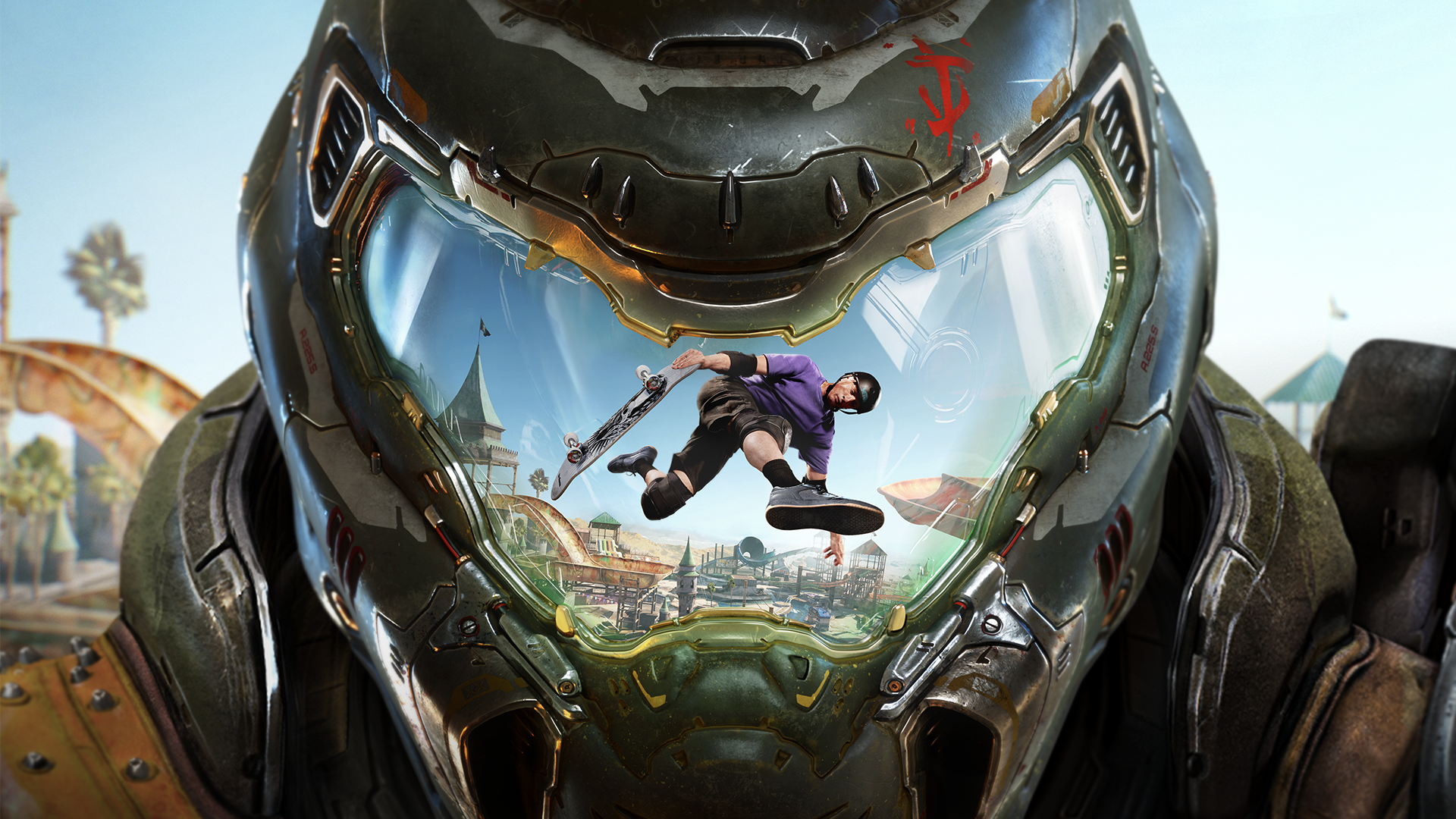 صورة ترويجية للعبة Tony Hawk's Pro Skater 3+4 تظهر شخصية Doom Slayer وهو يحدق في Tony