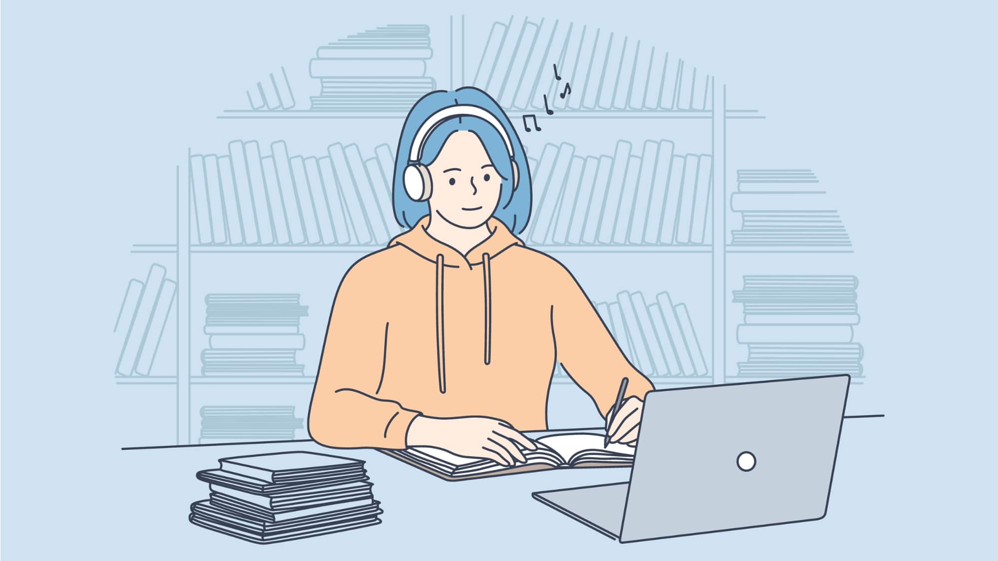 طالبة جامعية مبتسمة ذات شعر أزرق ترتدي سماعات رأس وتشاهد ندوة عبر الإنترنت أو برنامج تعليمي عبر الإنترنت على جهاز كمبيوتر محمول وتدوّن ملاحظات