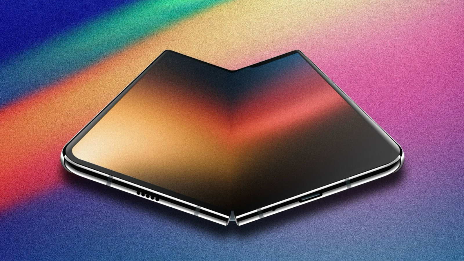 تصميم تخيلي لهاتف iPhone القابل للطي على خلفية متعددة الألوان.