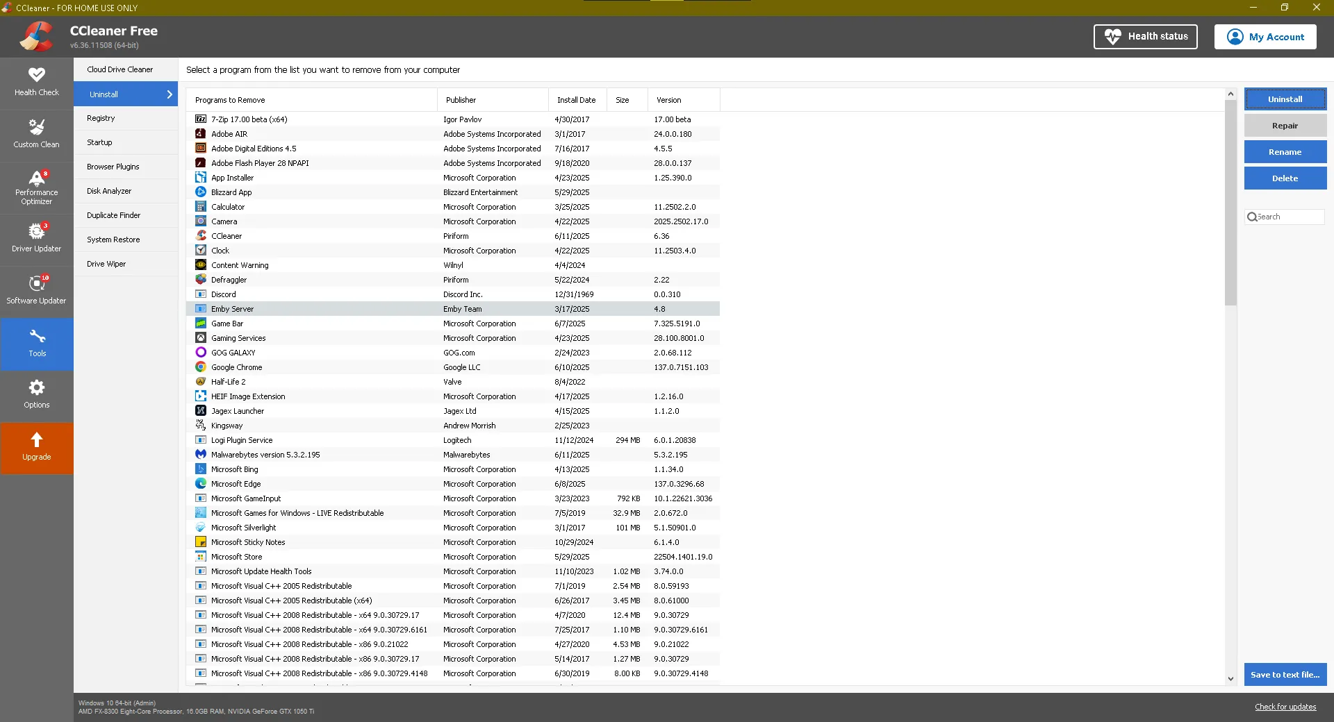 CCleaner showing a list of installed programs on a Windows PC