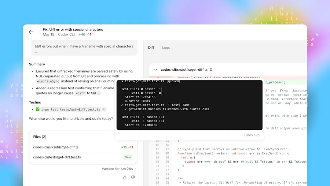 ChatGPT Codex running tests on its code