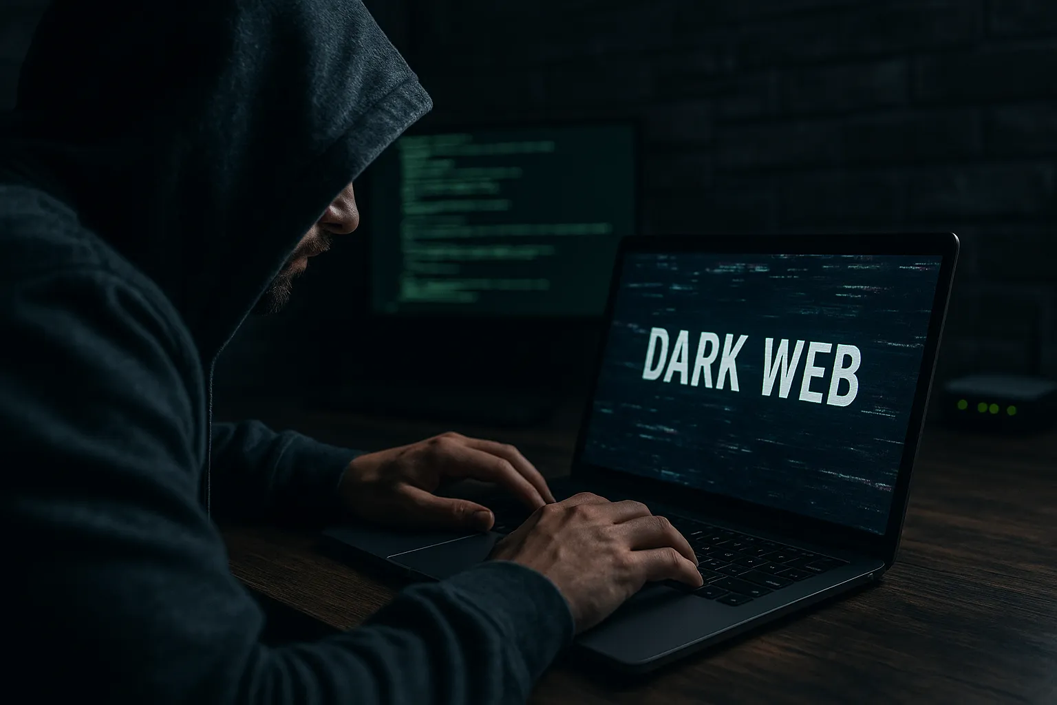 شخص يرتدي قلنسوة يكتب على جهاز كمبيوتر محمول يعرض كلمات