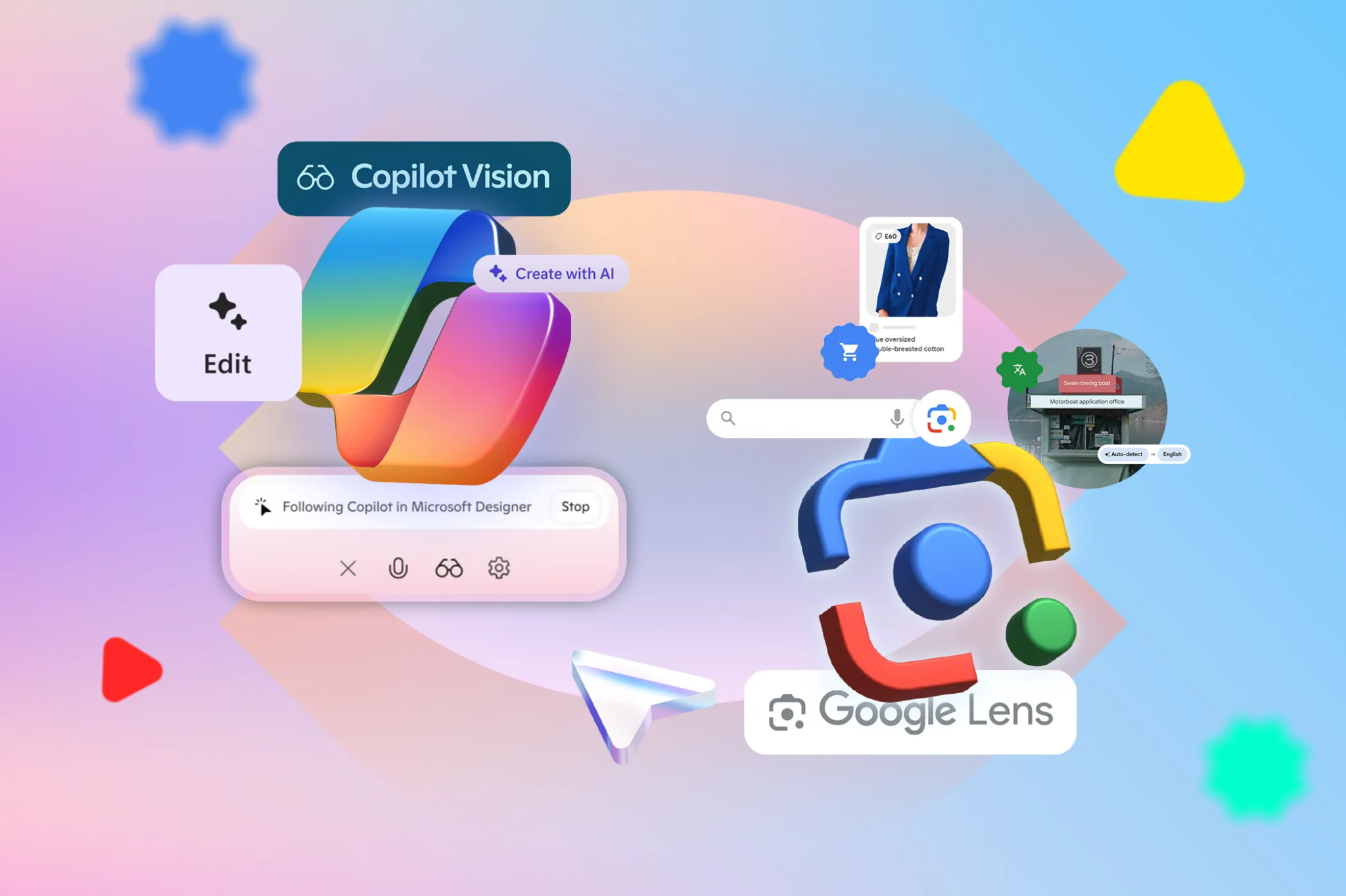 مقارنة بين Copilot Vision و Google Lens مع أيقونات وعناصر واجهة تمثل وظائفها، مثل التحرير والبحث المرئي وإنشاء الذكاء الاصطناعي.