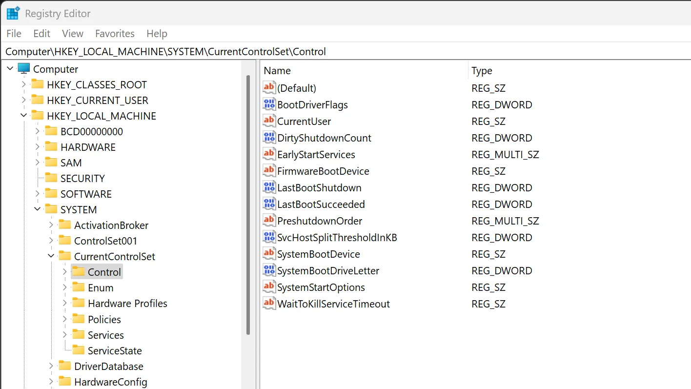Control parameters in Windows registry editor.