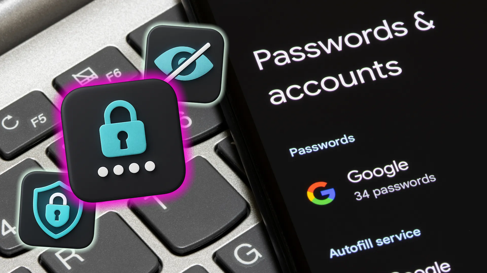 شاشة هاتف ذكي تعرض مدير كلمات مرور Google مع أيقونات أمان كلمات المرور.