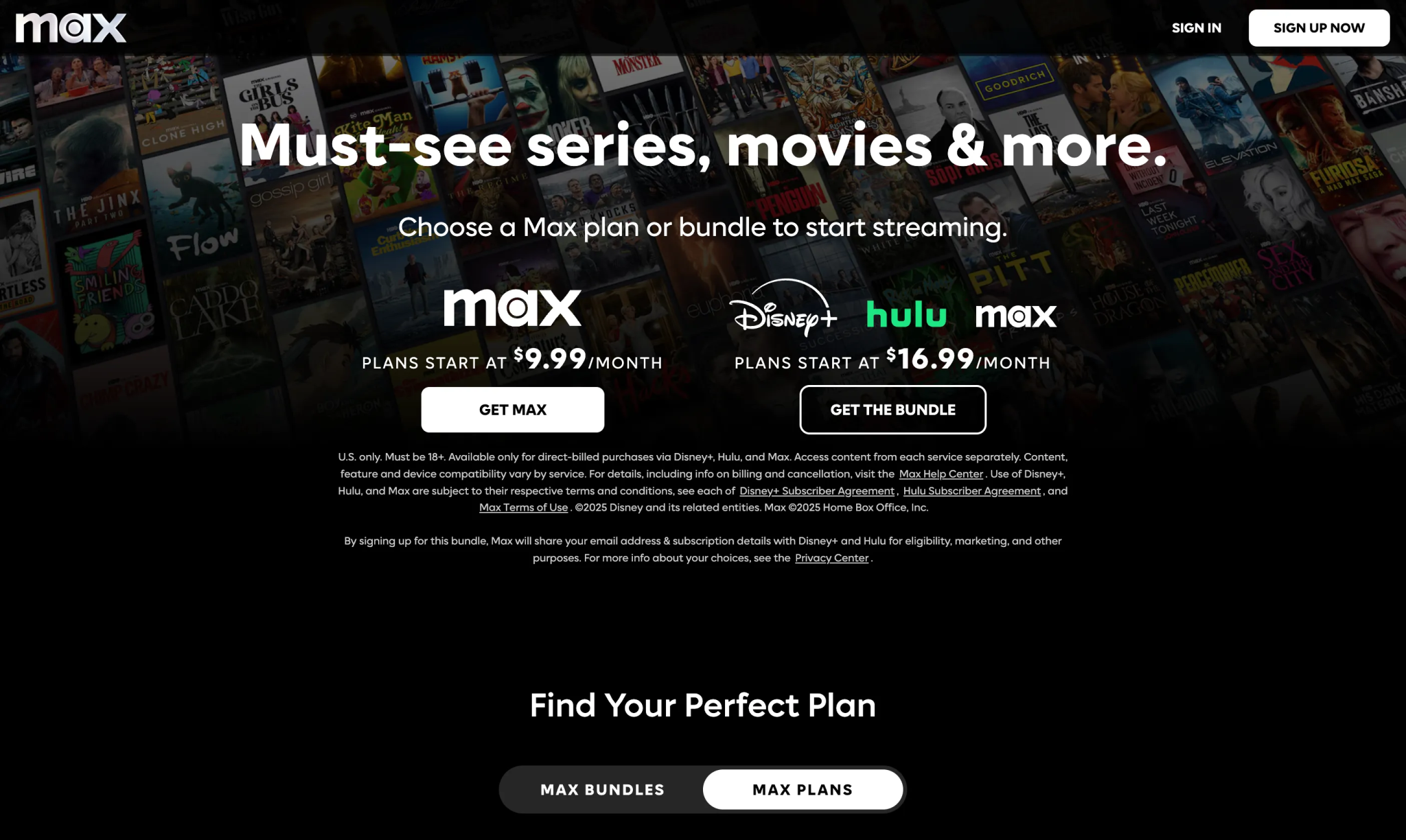 HBO Max home screen showing different offered plans