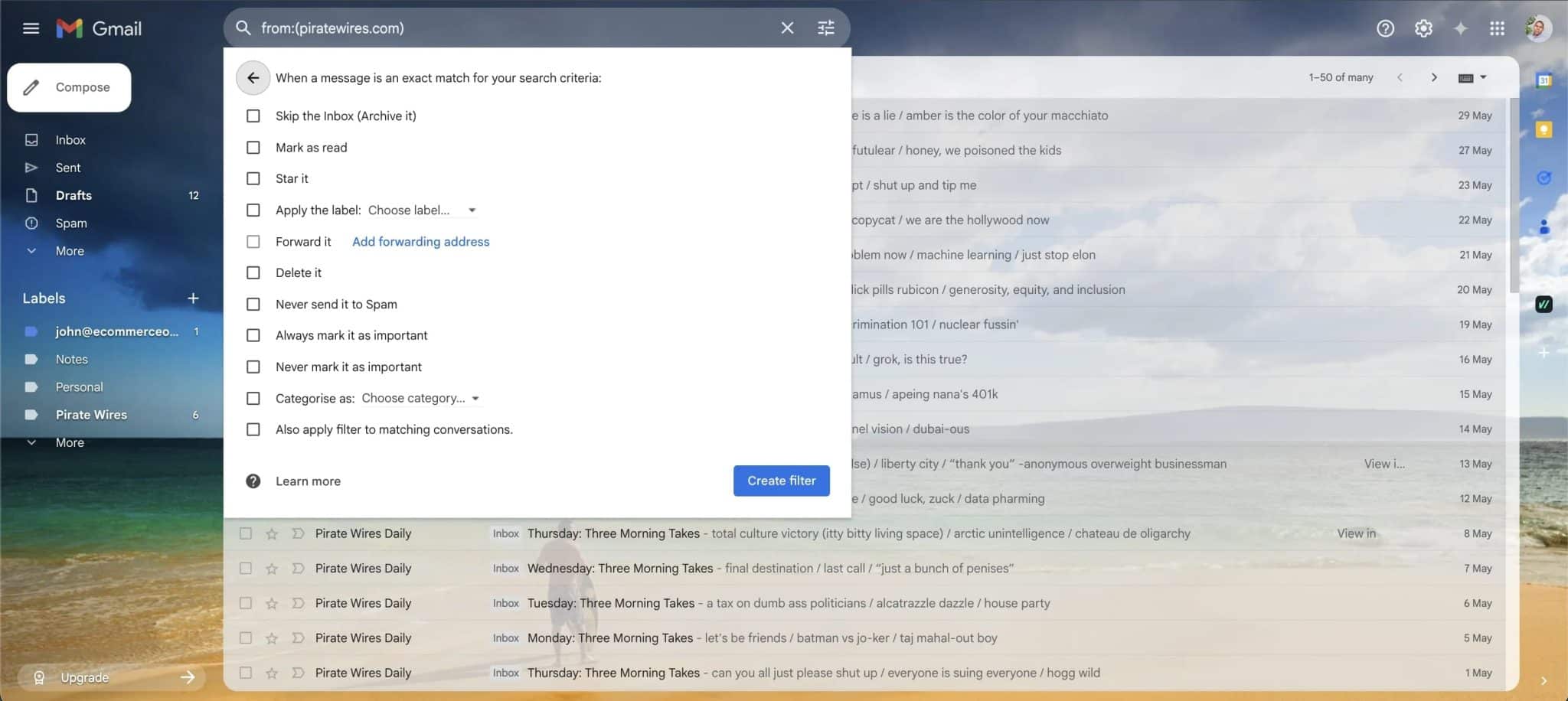 Image showing gmail filter actions