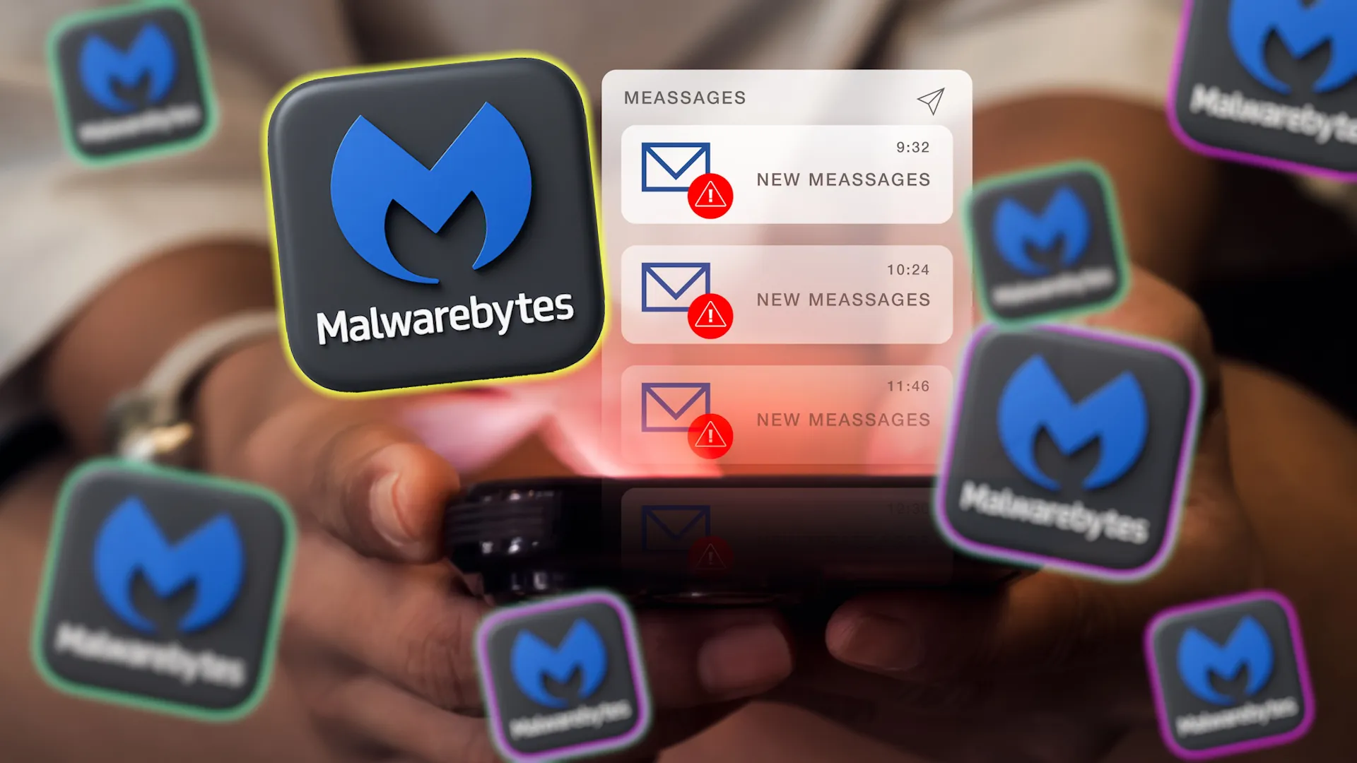 شعار Malwarebytes مع رسائل احتيال على الهاتف الذكي.