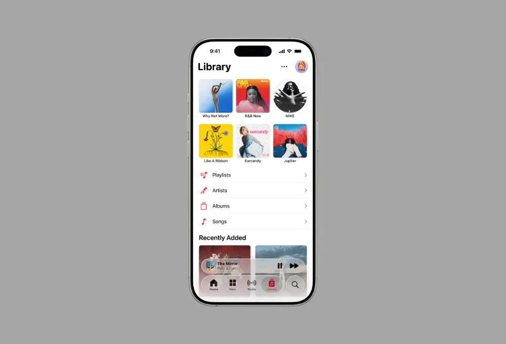 تثبيتات الموسيقى للعناصر المفضلة في علامة تبويب مكتبة Apple Music