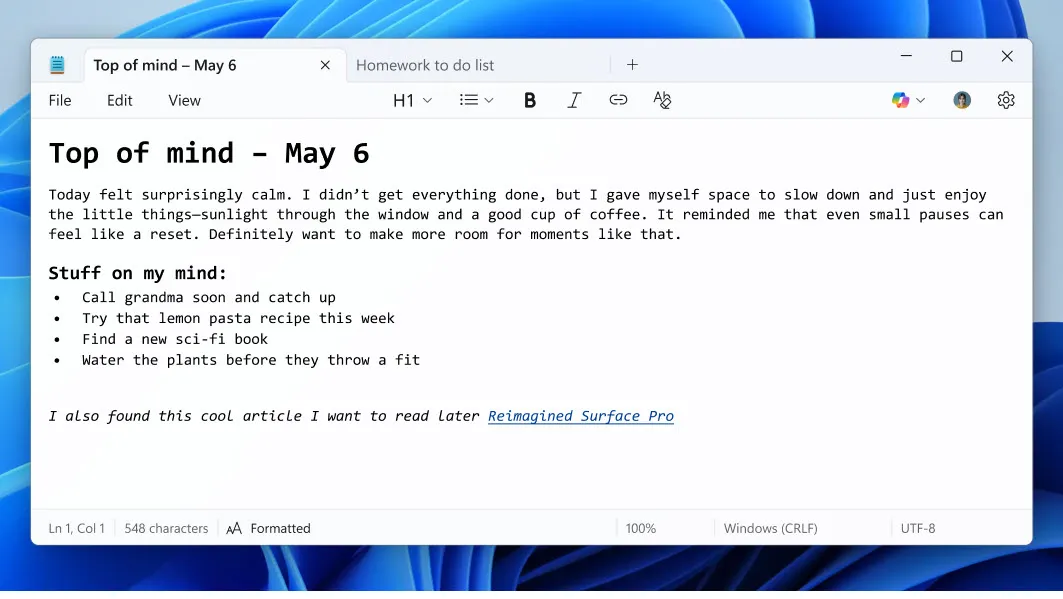 خيارات التنسيق في Notepad