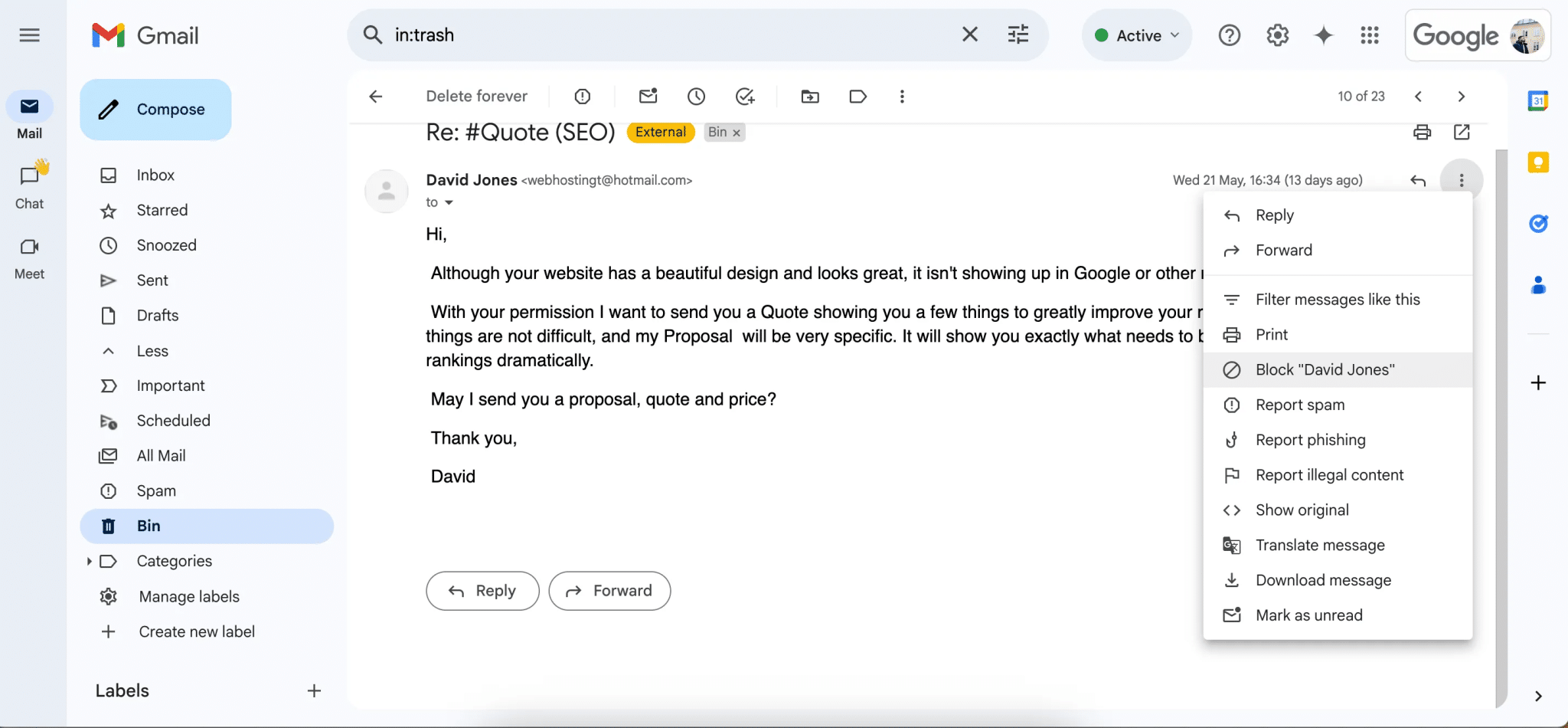 Blocking a sender in the Gmail app