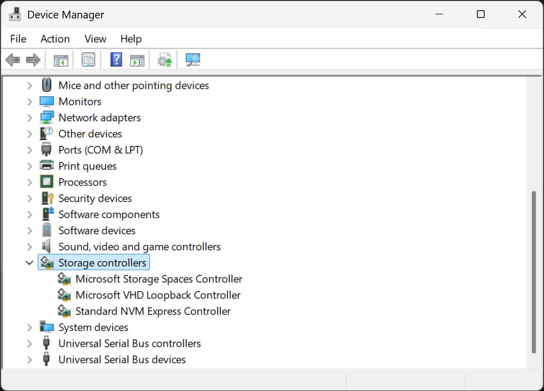 وحدات التحكم في التخزين مُحددة في إدارة أجهزة Windows.