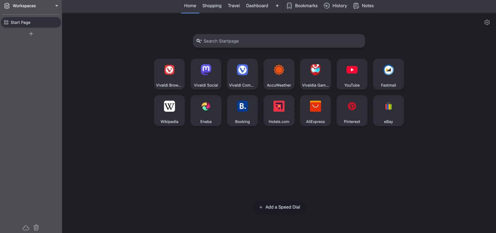 vivaldi browser start page