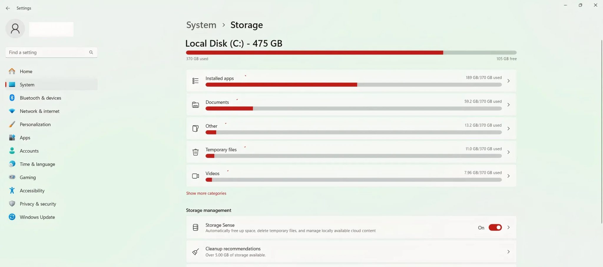 Windows drive storage showing an almost full drive