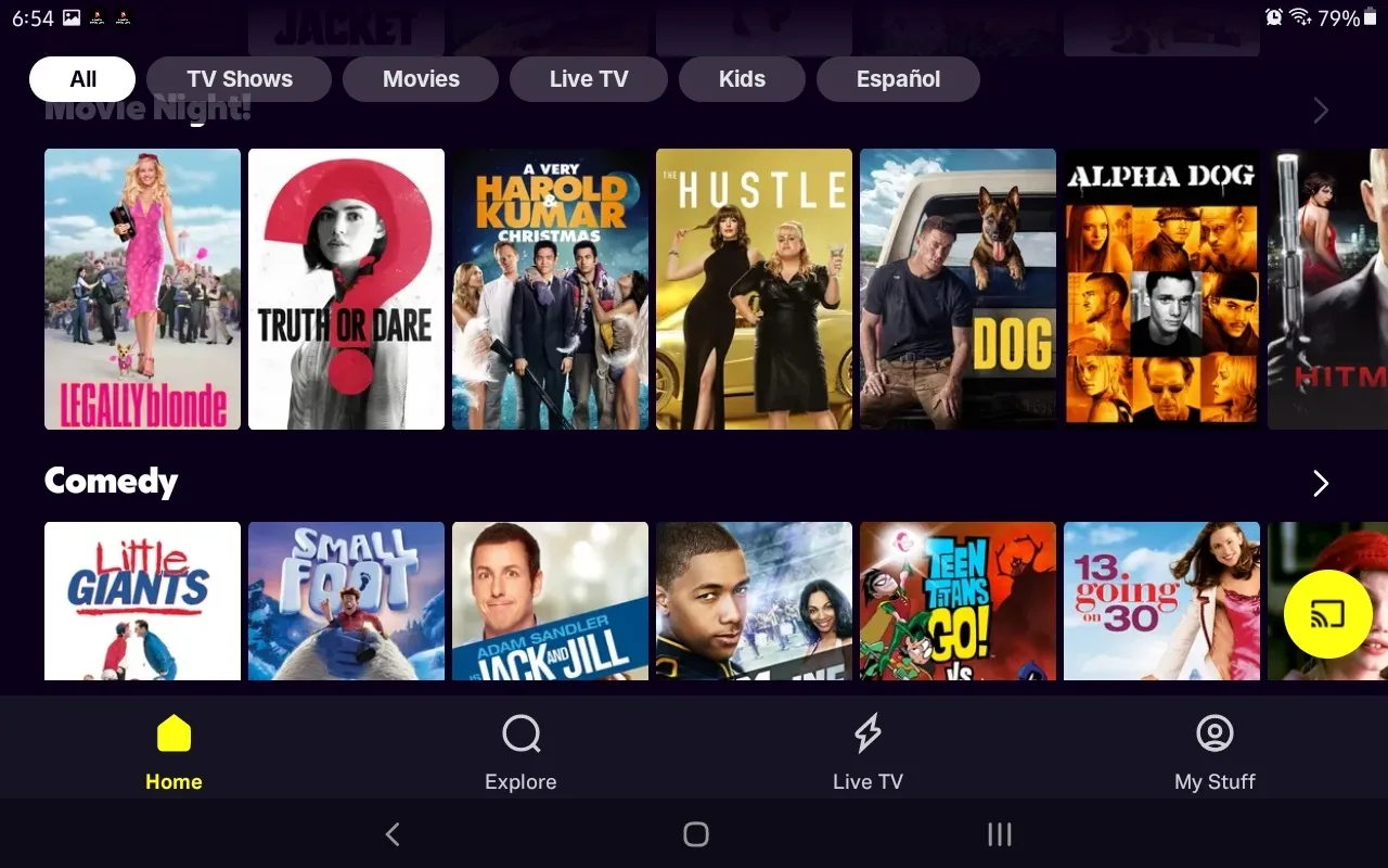 القائمة الرئيسية لتطبيق Tubi TV مع مجموعة مختارة من الأفلام والبرامج والقنوات المباشرة