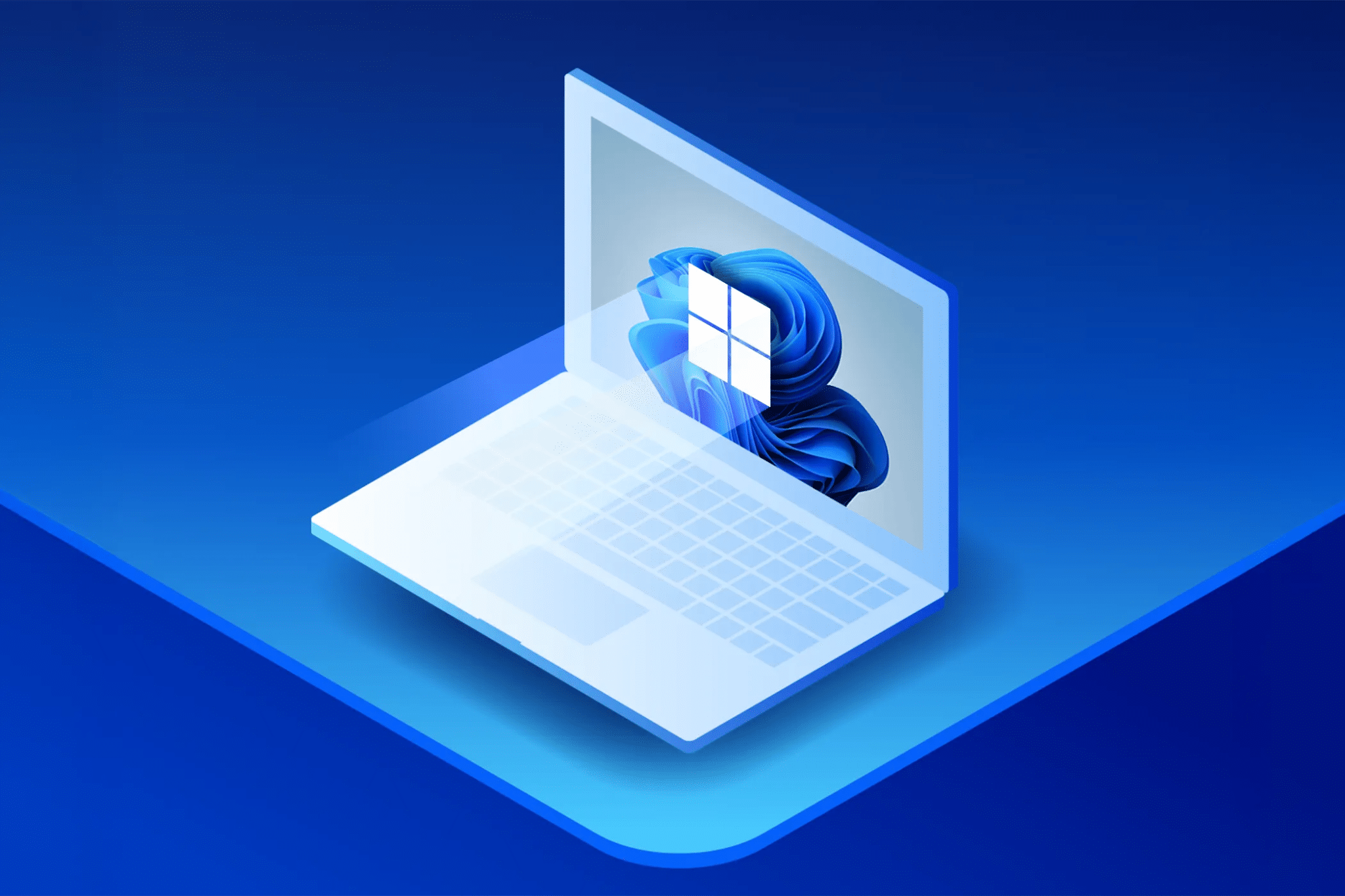 رسم توضيحي متساوي القياس لجهاز كمبيوتر محمول مع شعار Windows 11 مضيء على الشاشة، على خلفية متدرجة زرقاء.