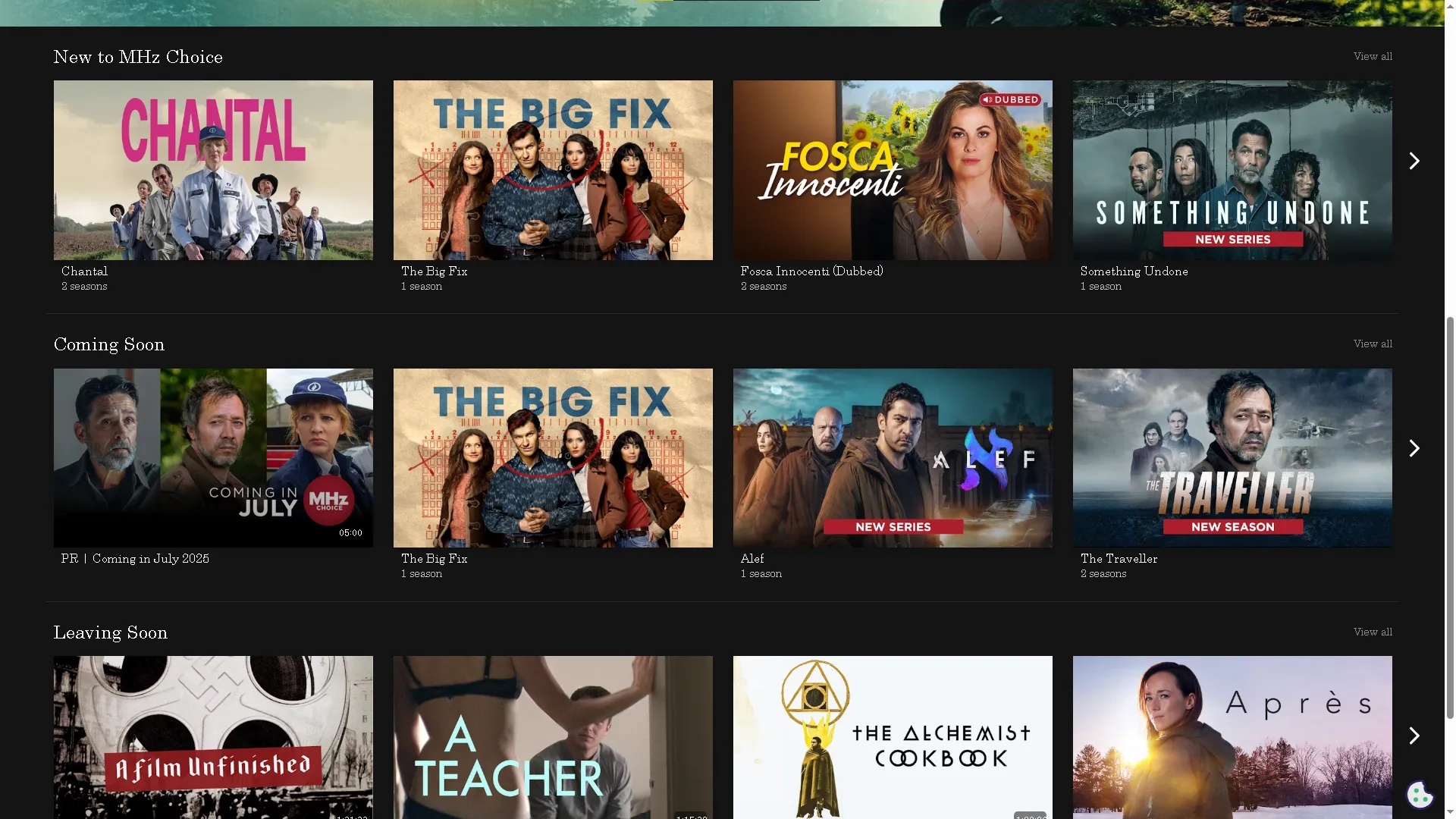 صفوف من الأفلام والمسلسلات التلفزيونية المتاحة على MHz Choice